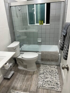 Hair dryer, towels, toilet paper