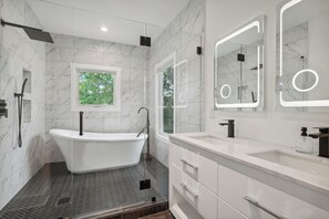 Hair dryer, towels, soap, toilet paper
