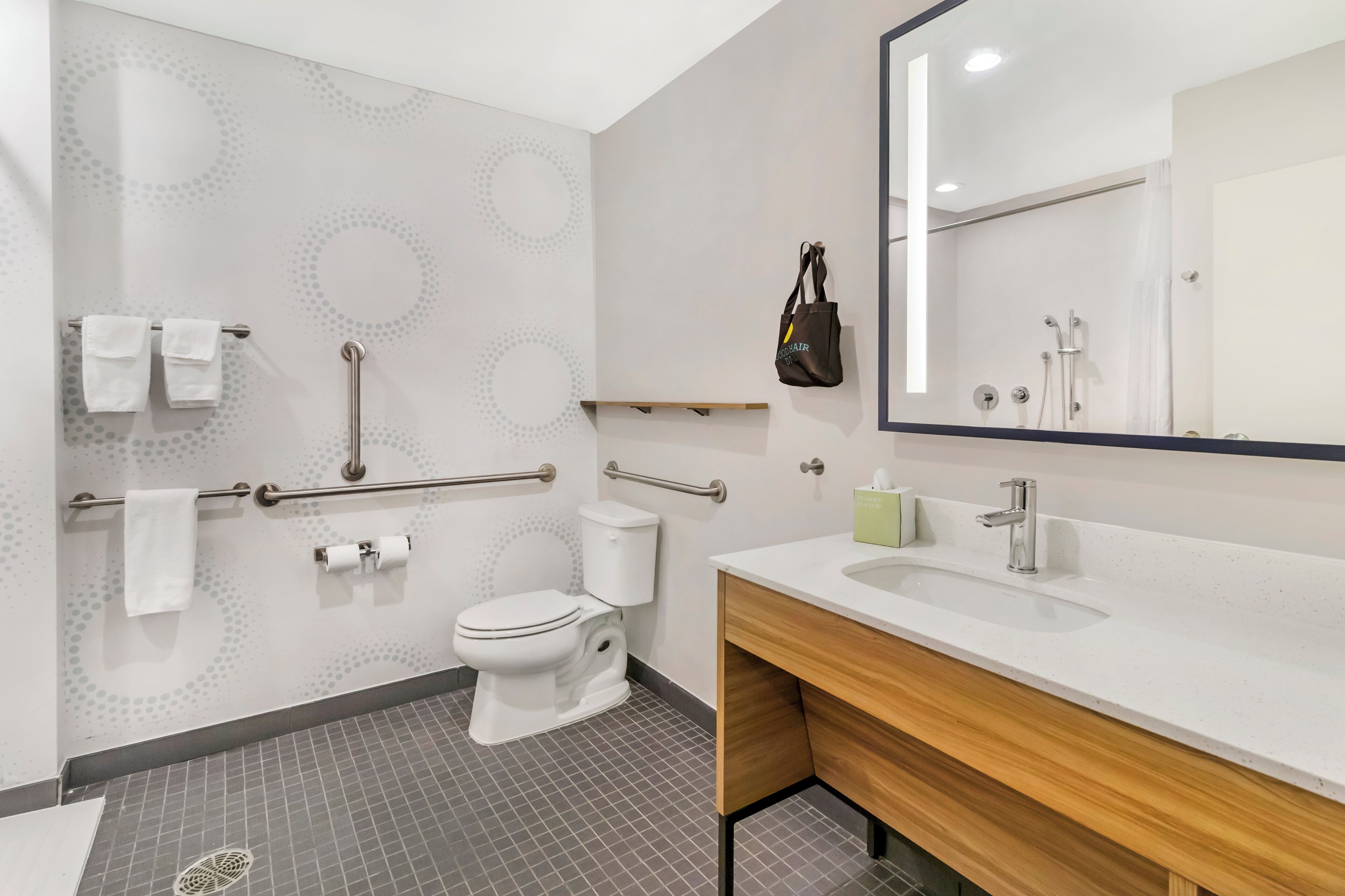 A modern bathroom with a toilet, grab bars, a sink, and a mirror.