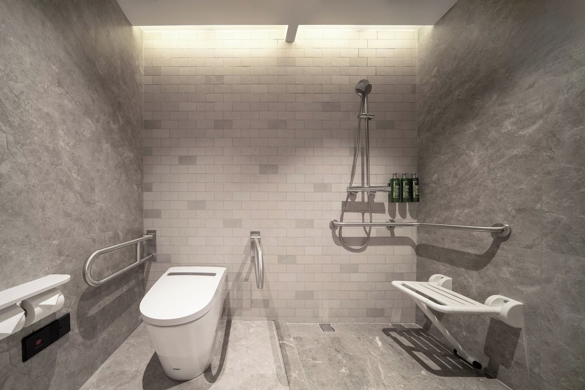 A small, modern bathroom with a toilet, a shower, and a grab bar.