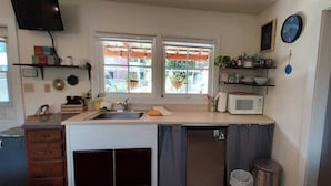 Una cocina compacta con lavamanos, microondas y ventana con vistas al exterior.