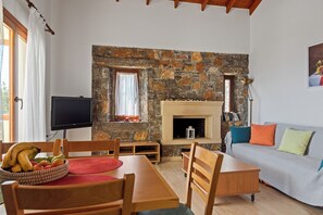 Télévision, cheminée, livres