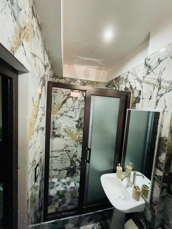 Shower, towels, soap, toilet paper