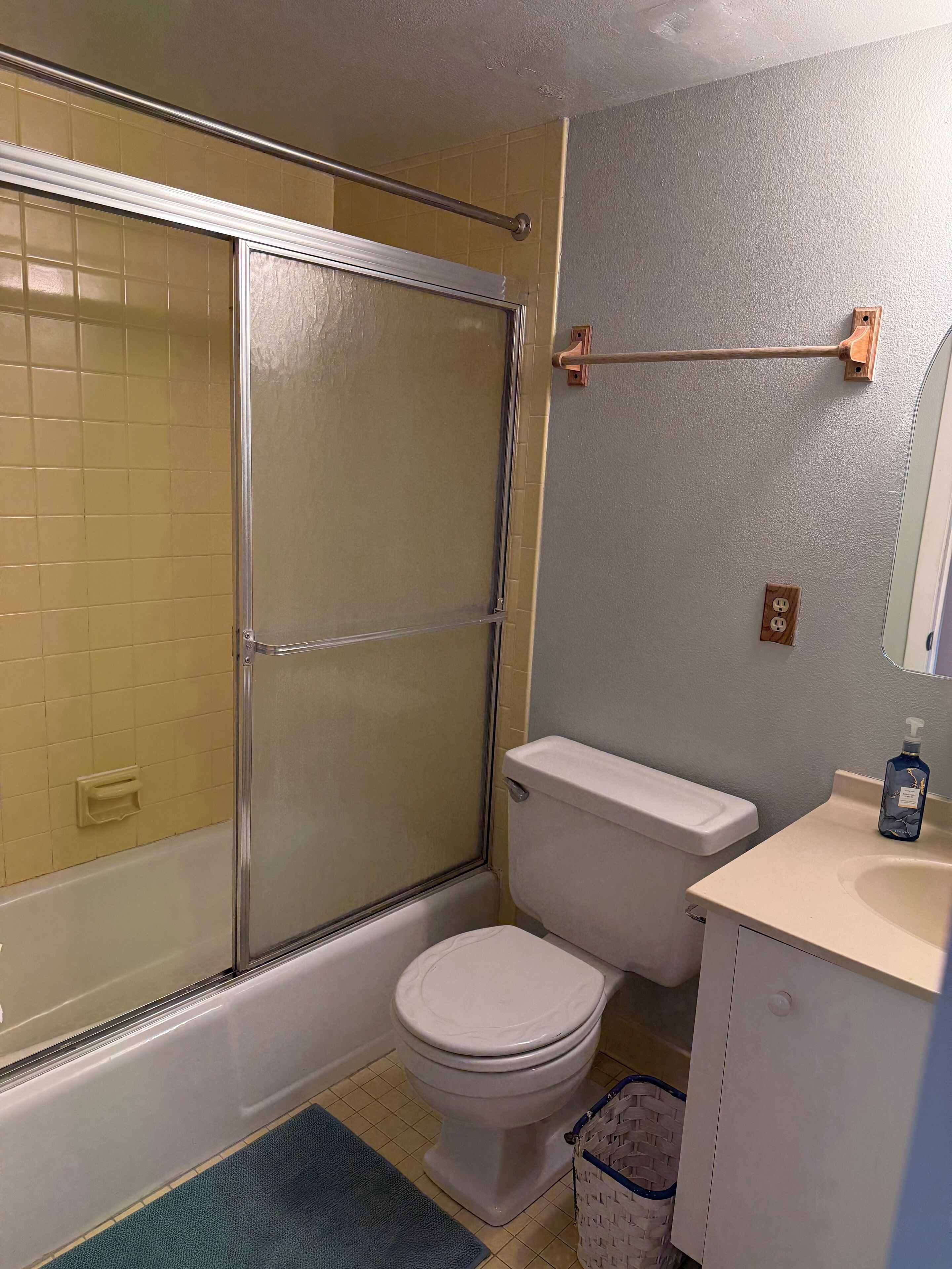 Une salle de bain équipée d’une douche, de toilettes, d’un lavabo et d’un flacon de gel hydroalcoolique posé sur le comptoir.