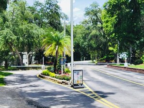 A road with a speed limit sign, a pedestrian crossing, and a signboard.