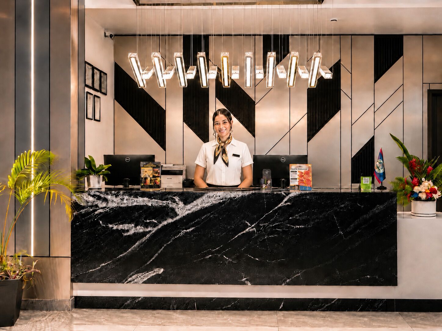 Un mostrador de recepción de hotel con encimera de mármol, una lámpara moderna encima y una bandera en la pared.