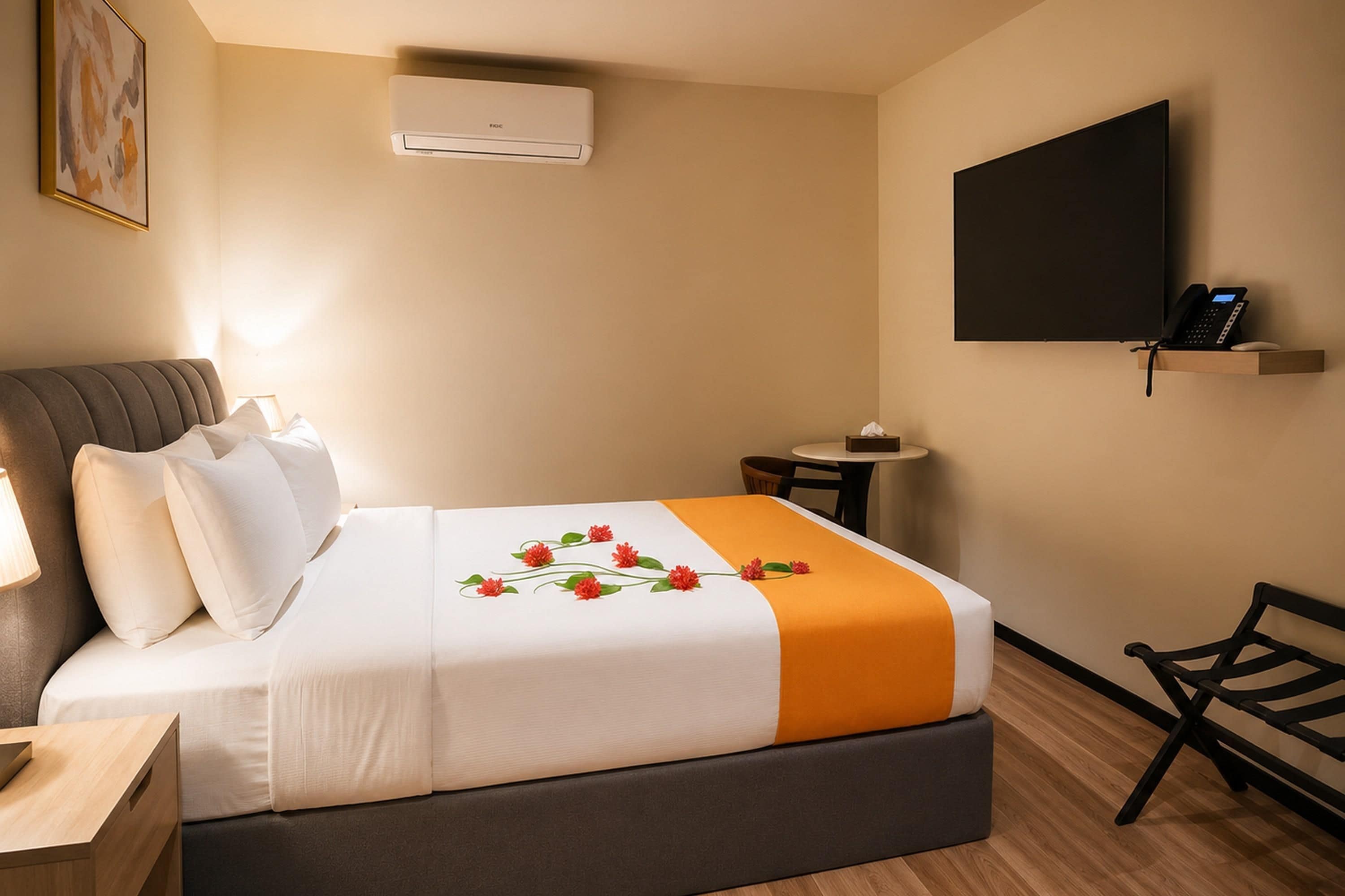 Habitación de hotel con cama, mesita de noche, lámpara, aire acondicionado, televisor y un pequeño escritorio con teléfono.
