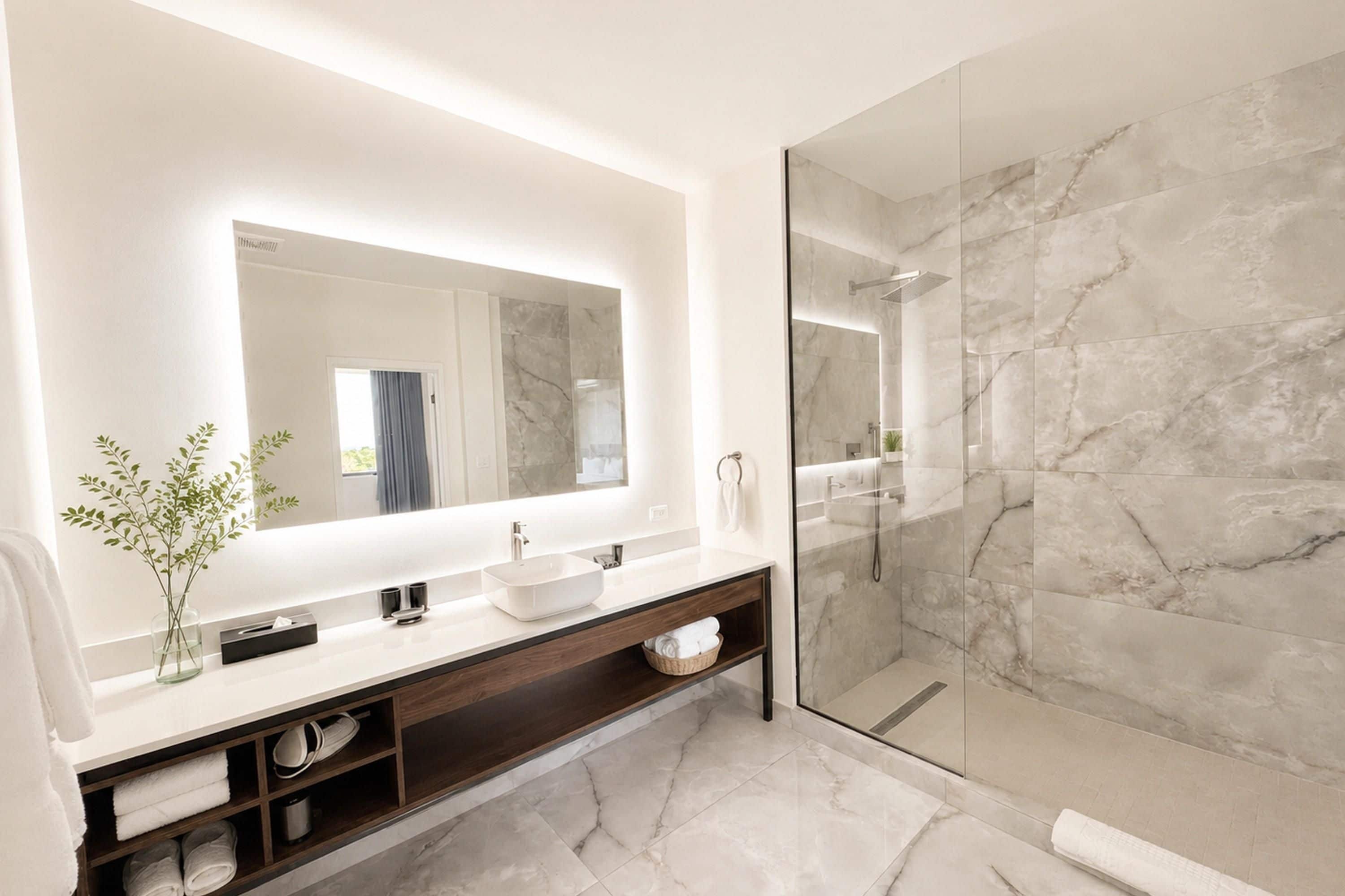 A modern bathroom with a large mirror, a sink, and a glass-enclosed shower.