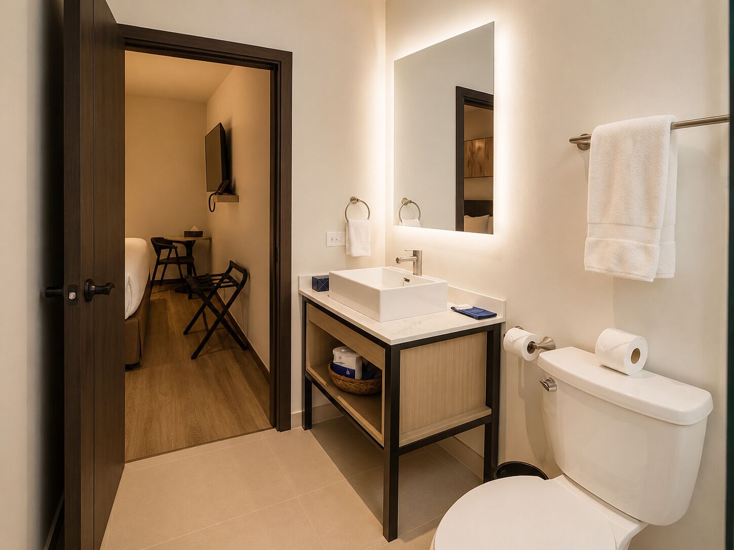 Un baño pequeño con lavamanos, espejo e inodoro blancos.