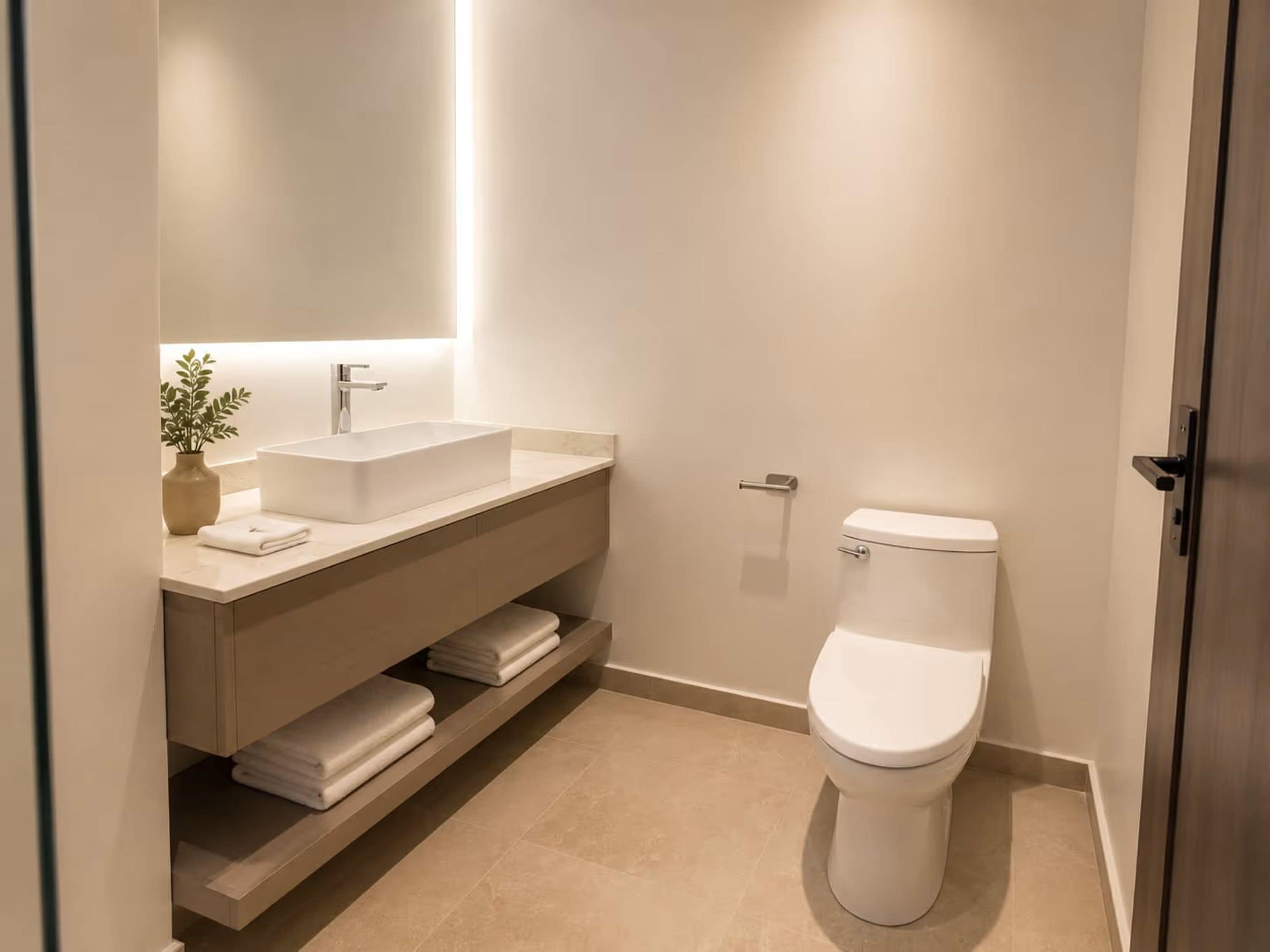 Un baño moderno con lavamanos, espejo y retrete blancos.