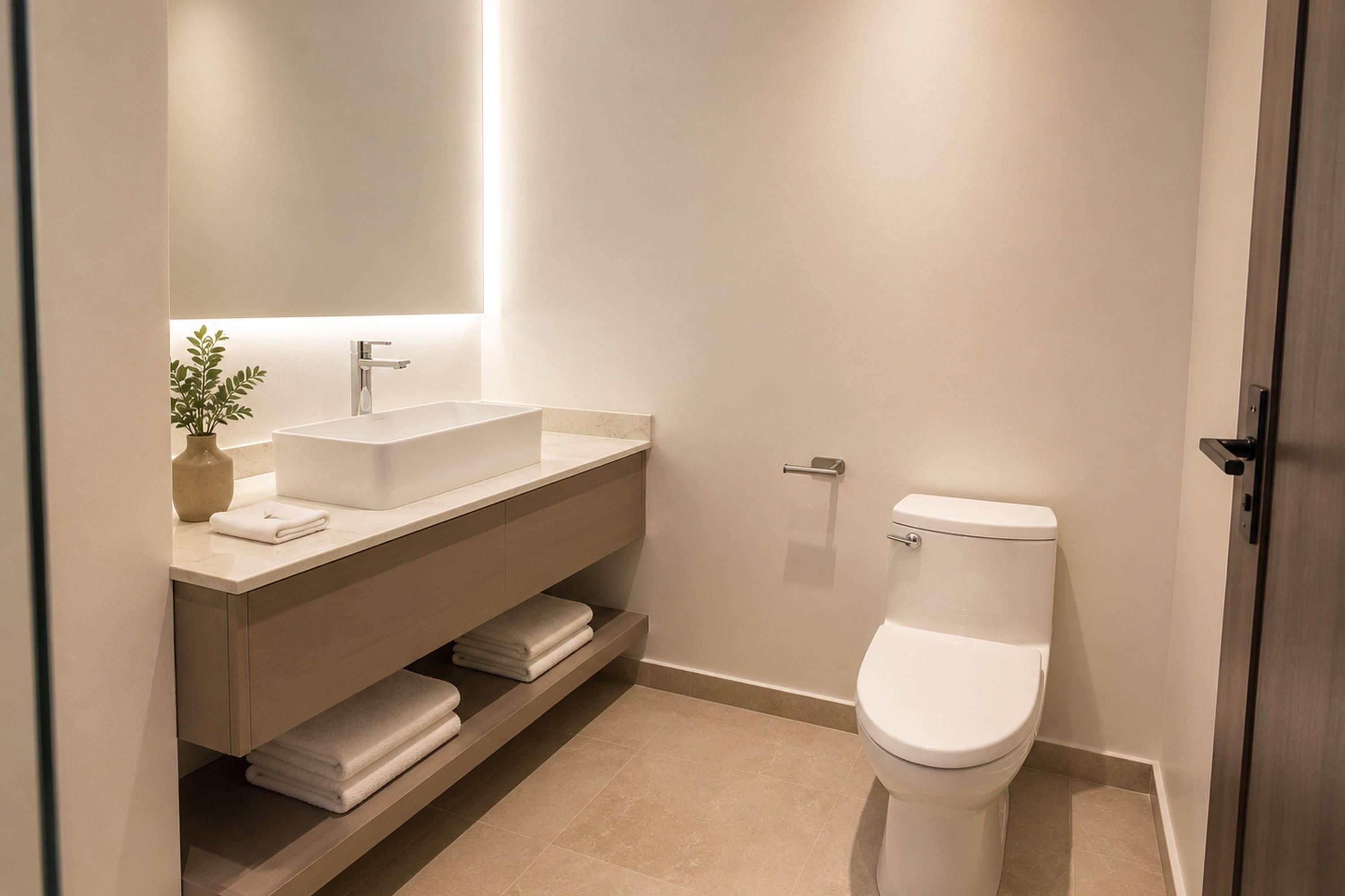 A modern bathroom with a white sink, mirror, and toilet.
