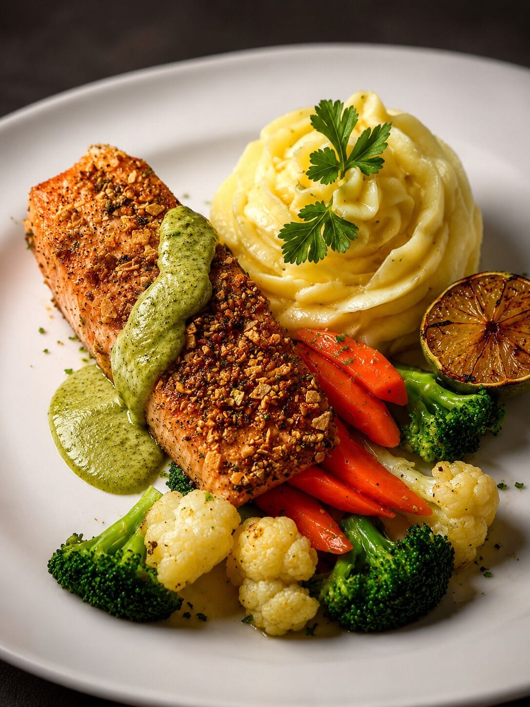 Un plato con salmón, puré de papas y una variedad de verduras, incluyendo brócoli y zanahorias.