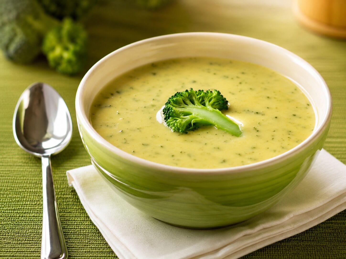 A bowl of green soup with a broccoli garnish on a green tablecloth.