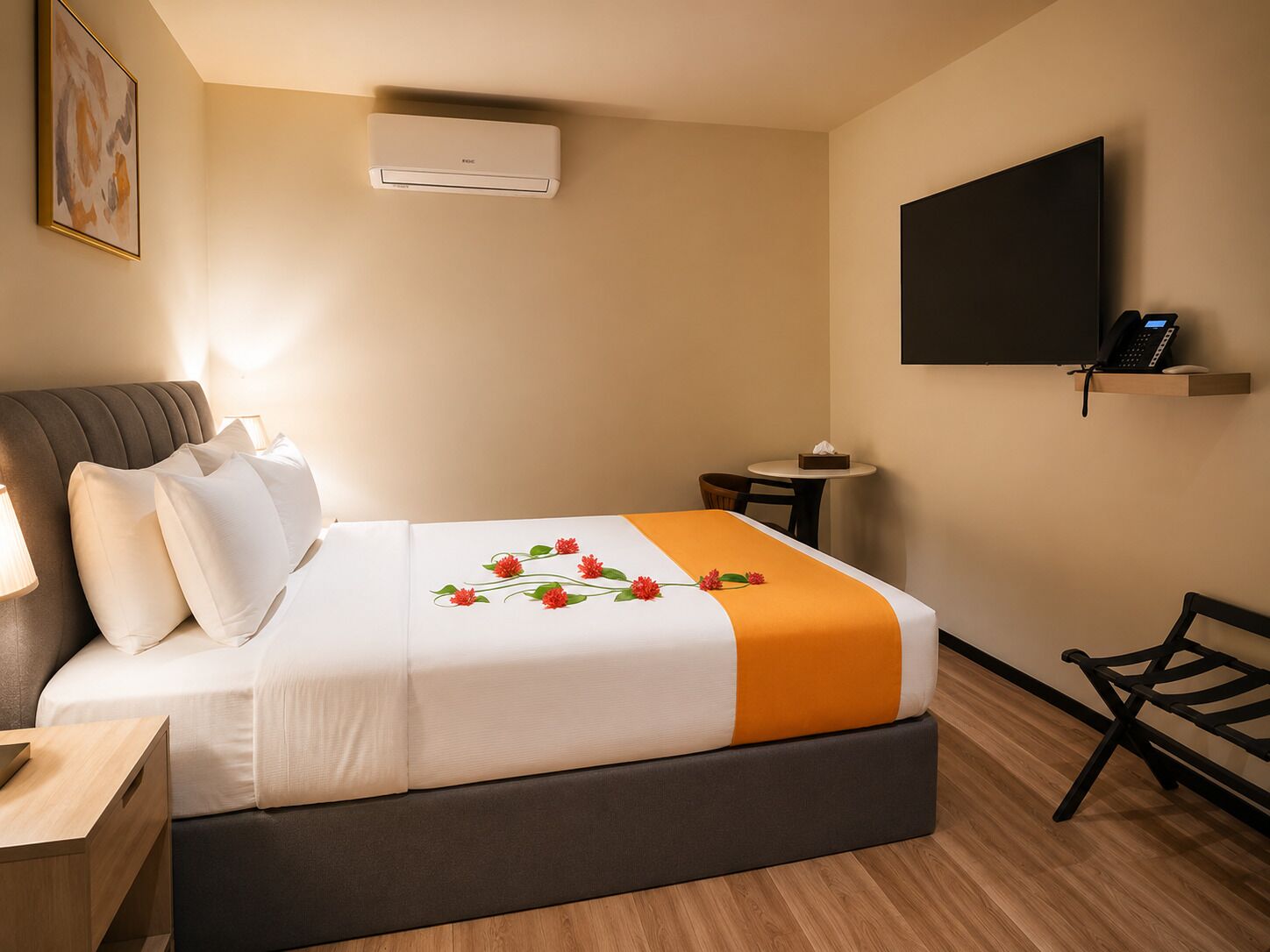 Hotelkamer met een bed, nachtkastje, lamp, airconditioning, televisie en een klein tafeltje met telefoon en zakdoekjes.