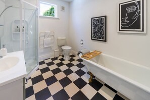 Hair dryer, towels, soap, shampoo