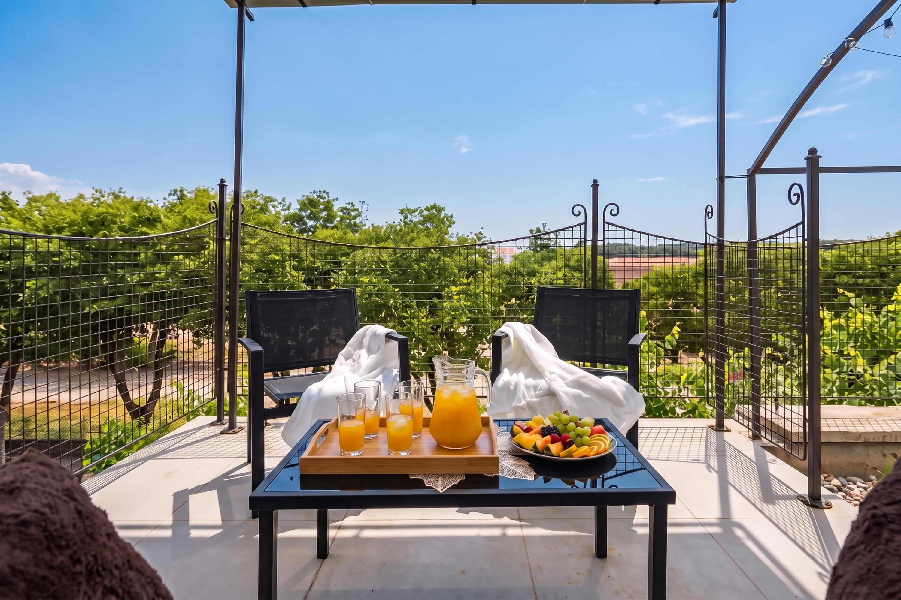 A table with a fruit bowl, glasses, and a pitcher of orange juice, set on a terrace with a vineyard in the background.