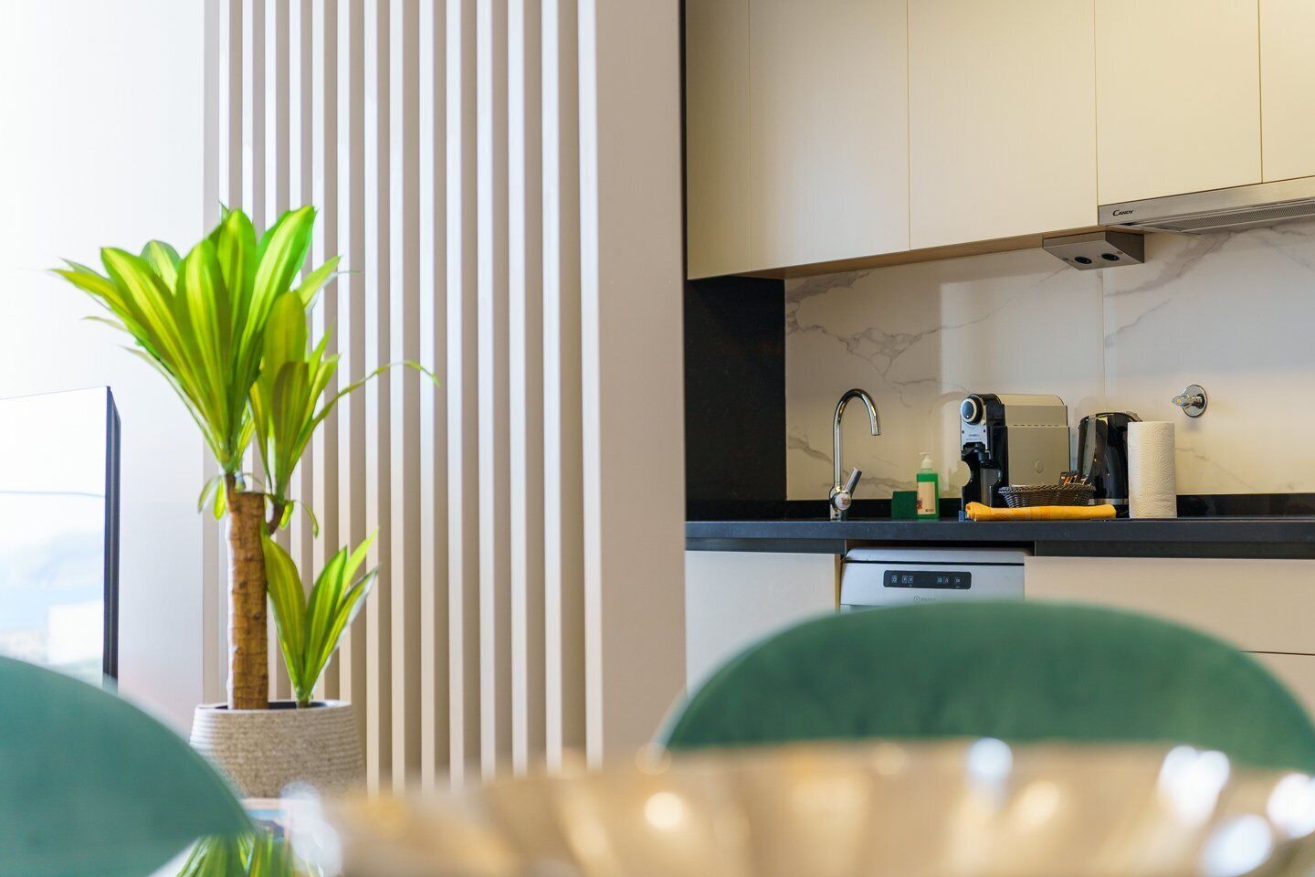 Eine moderne Küche mit Einbauherd, Kaffeemaschine und Spüle. Im Vordergrund befinden sich ein Blumentopf und ein grüner Stuhl.