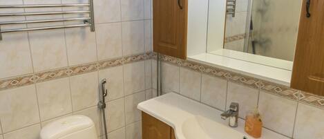 A bathroom with a toilet, a sink, a mirror, and a shower.