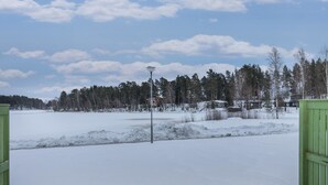 A snow-covered landscape with a green gate, a street lamp, and a row of houses in the background.