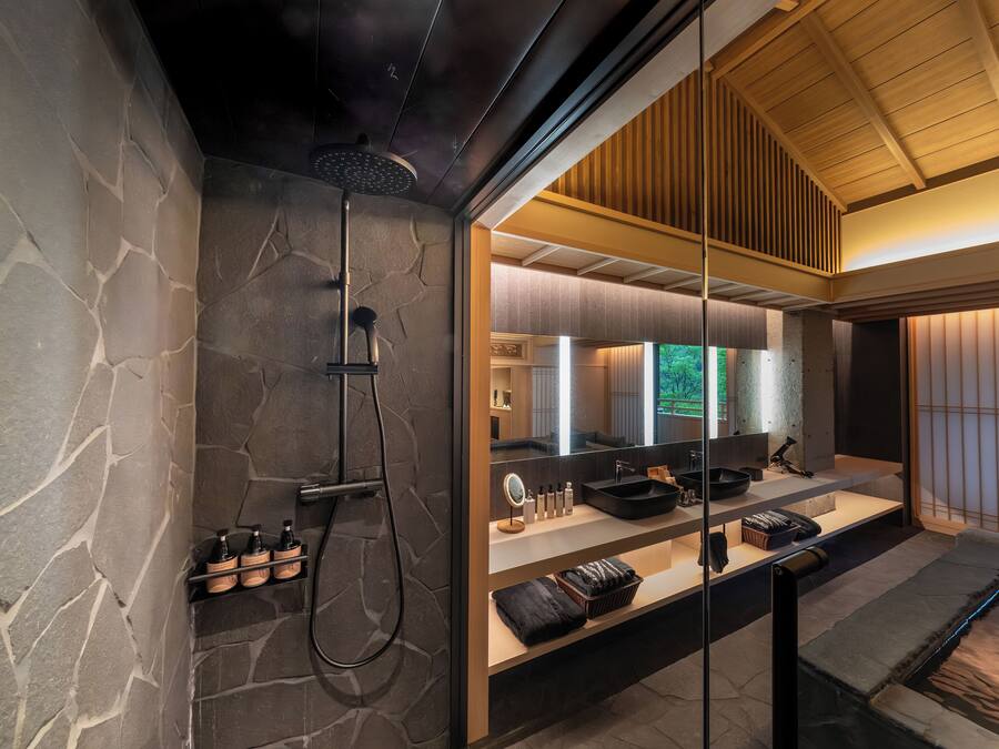 A modern bathroom with a stone wall, a shower, and a vanity with a sink and mirror.