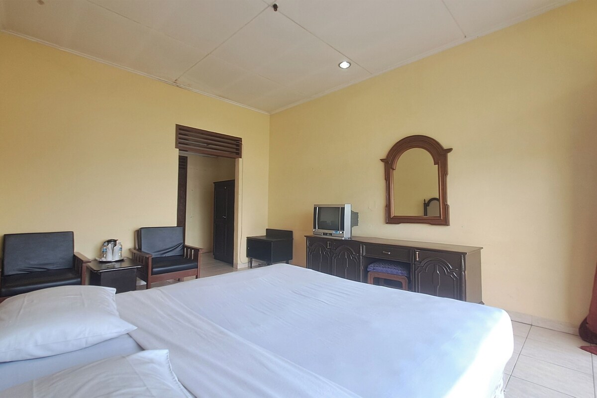 A hotel room with a large bed, two chairs, a TV, a dresser, and a mirror.