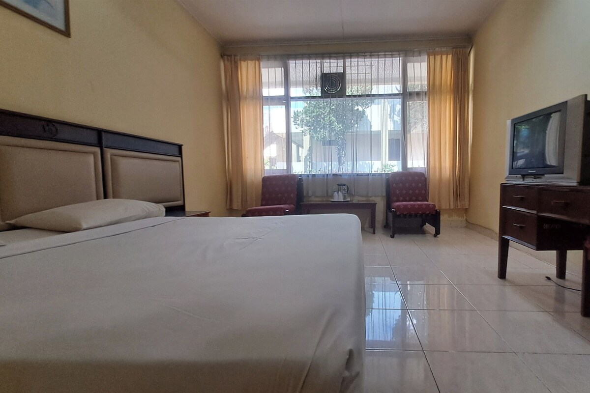 A hotel room with a large bed, a desk, a chair, a television, and a window with curtains.