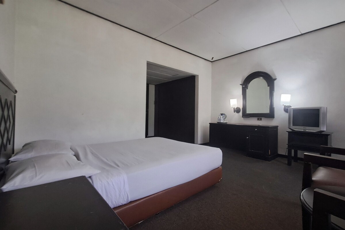 Une chambre d’hôtel avec un lit, une commode, une télévision et une chaise.