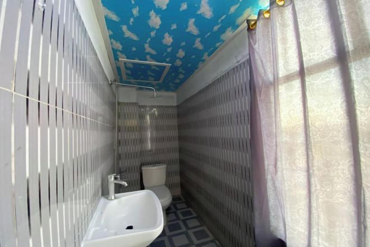 A bathroom with a white sink, a toilet, and a shower. The ceiling has a cloud pattern design.
