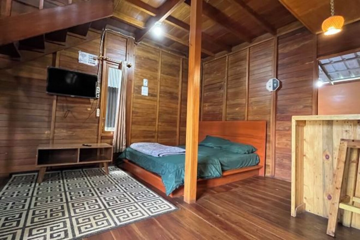 A wooden cabin room with a bed, a television mounted on the wall, and a patterned rug.