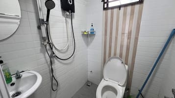 A small, clean bathroom with a toilet, sink, and shower.