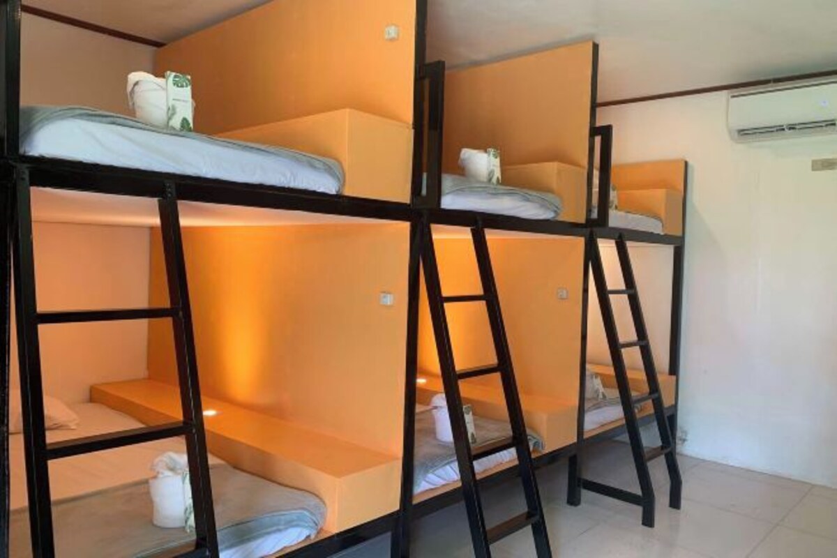 A bunk bed room with a ladder, a white wall, and an air conditioning unit.