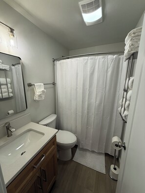 Hiustenkuivaaja, pyyhkeet, saippua, vessapaperi