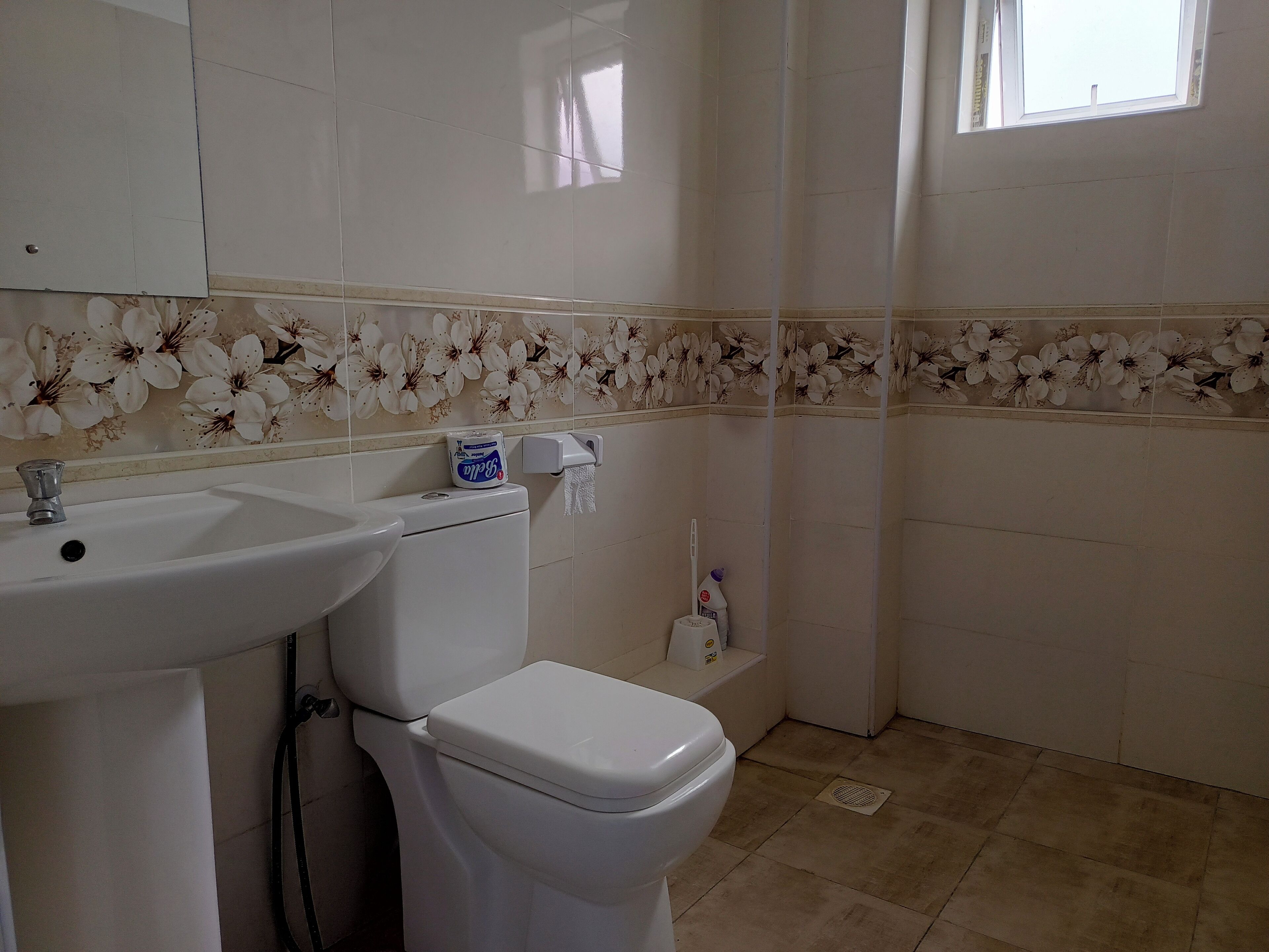 A bathroom with a toilet, sink, and a window.