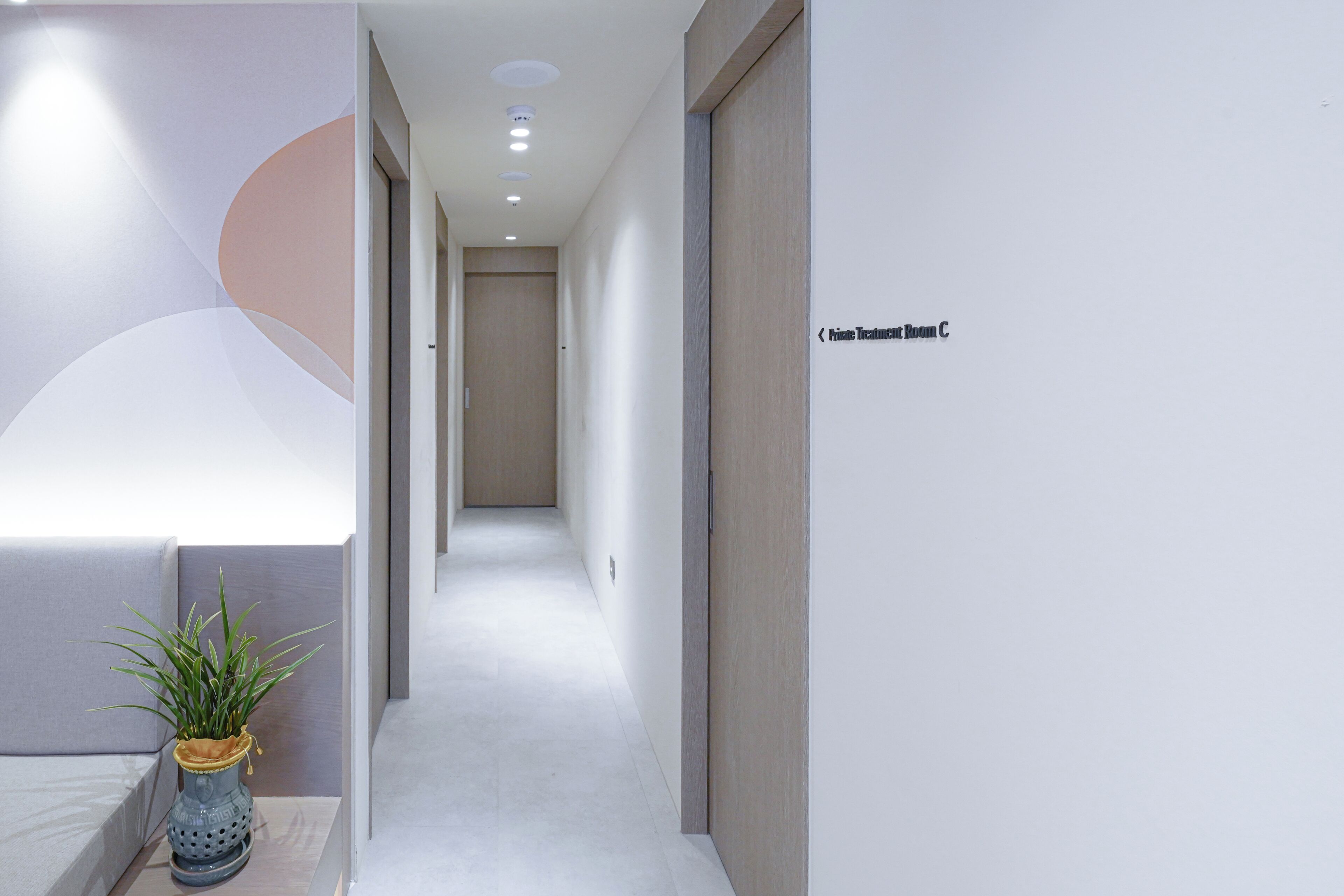 A hallway with a potted plant, a sign for 'Private Treatment Room C,' and a light-colored floor.