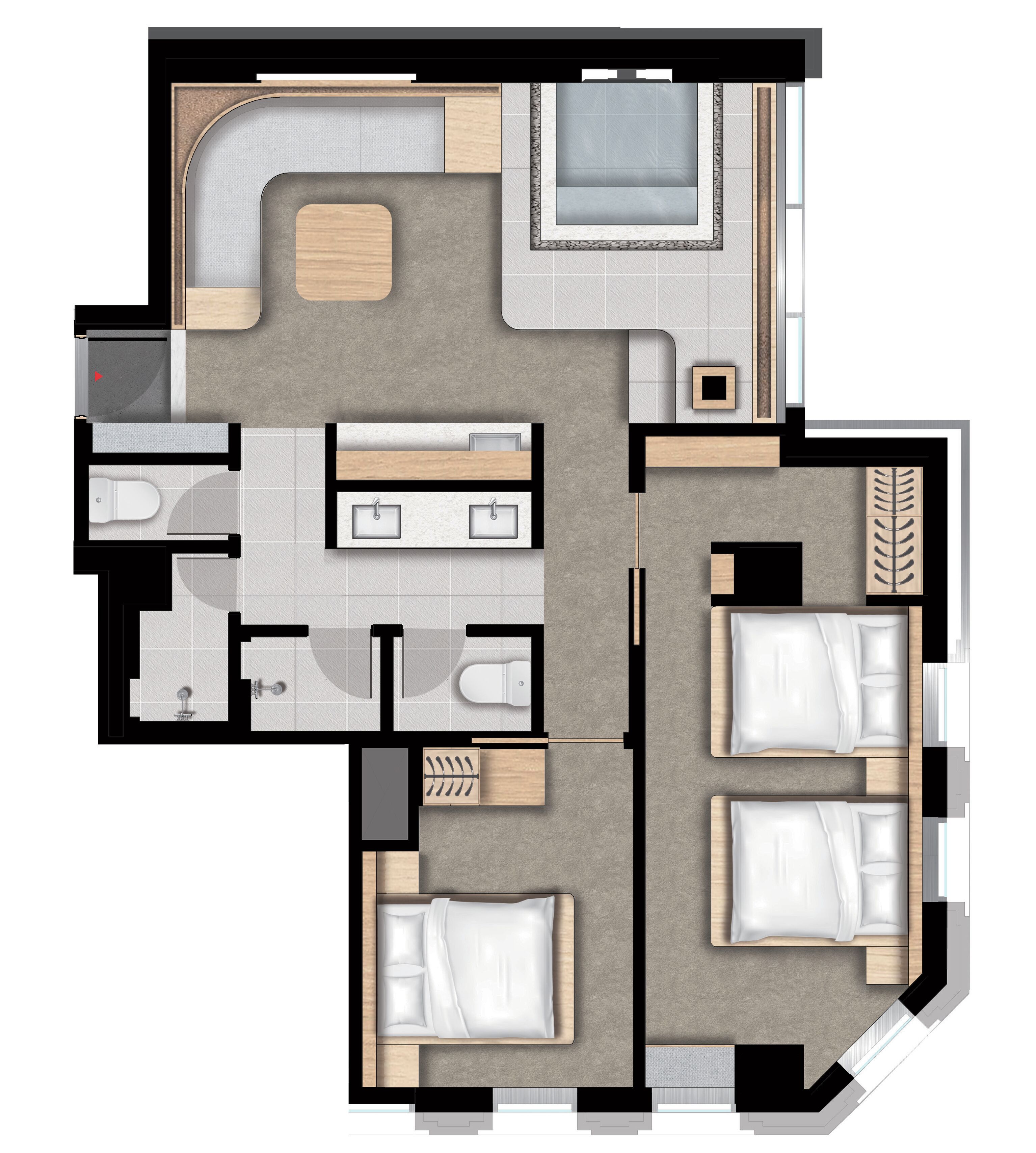 A hotel room layout with a bathroom, a sitting area, and two beds.