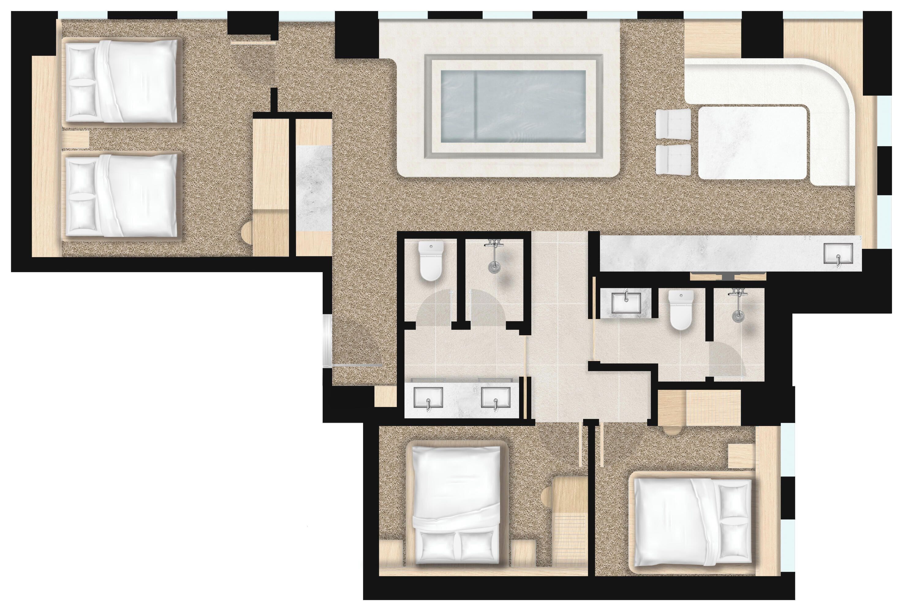 A hotel layout with two bedrooms, a bathroom, a kitchenette, and a living area.
