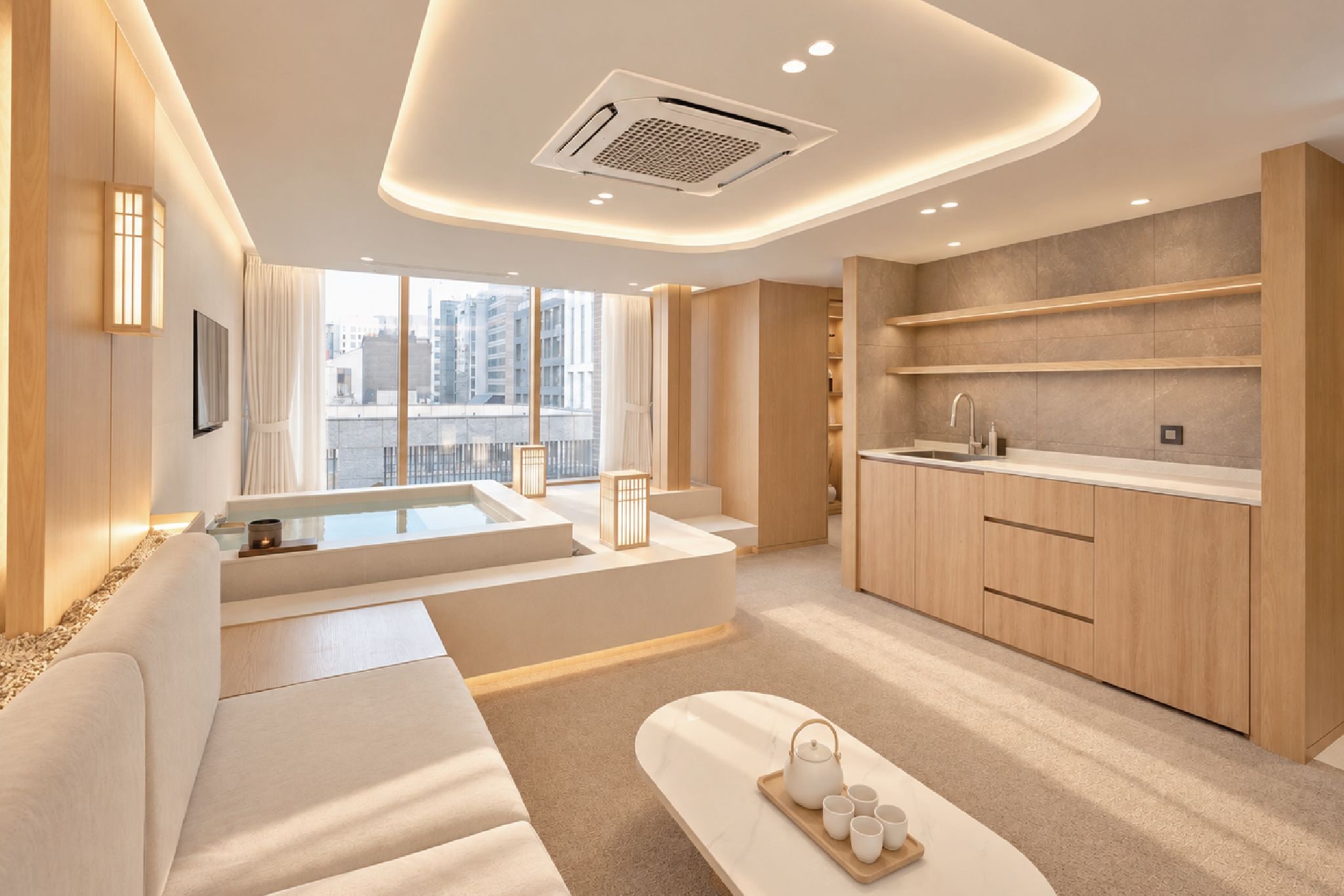 A modern living room with a sofa, a coffee table with cups, a kitchen area with wooden cabinets, and a large window offering a city view.