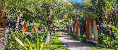 A pathway surrounded by palm trees and greenery, leading to a building with a curved roof.