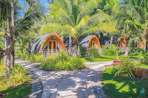 A pathway leading to a row of treehouse-style accommodations surrounded by lush greenery.