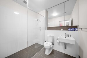 Shower, hair dryer, towels