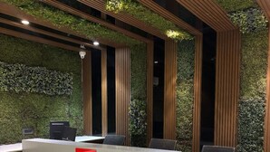A reception area with a green wall, wooden slats, and a reception desk. - Hotel Elegant inn- Ichhapore (Surat)