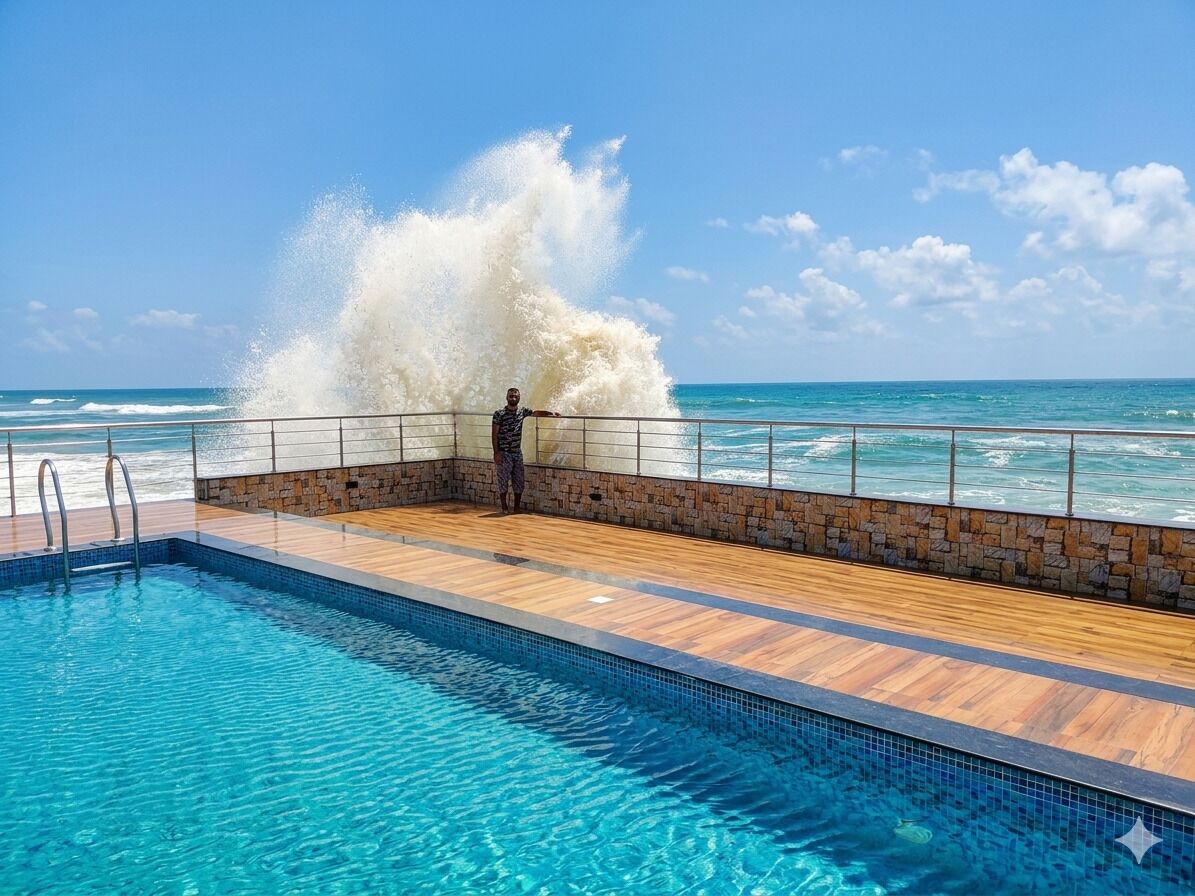 Una piscina con cubierta de madera y pared de piedra, con vista al océano y olas rompiendo en la orilla.
