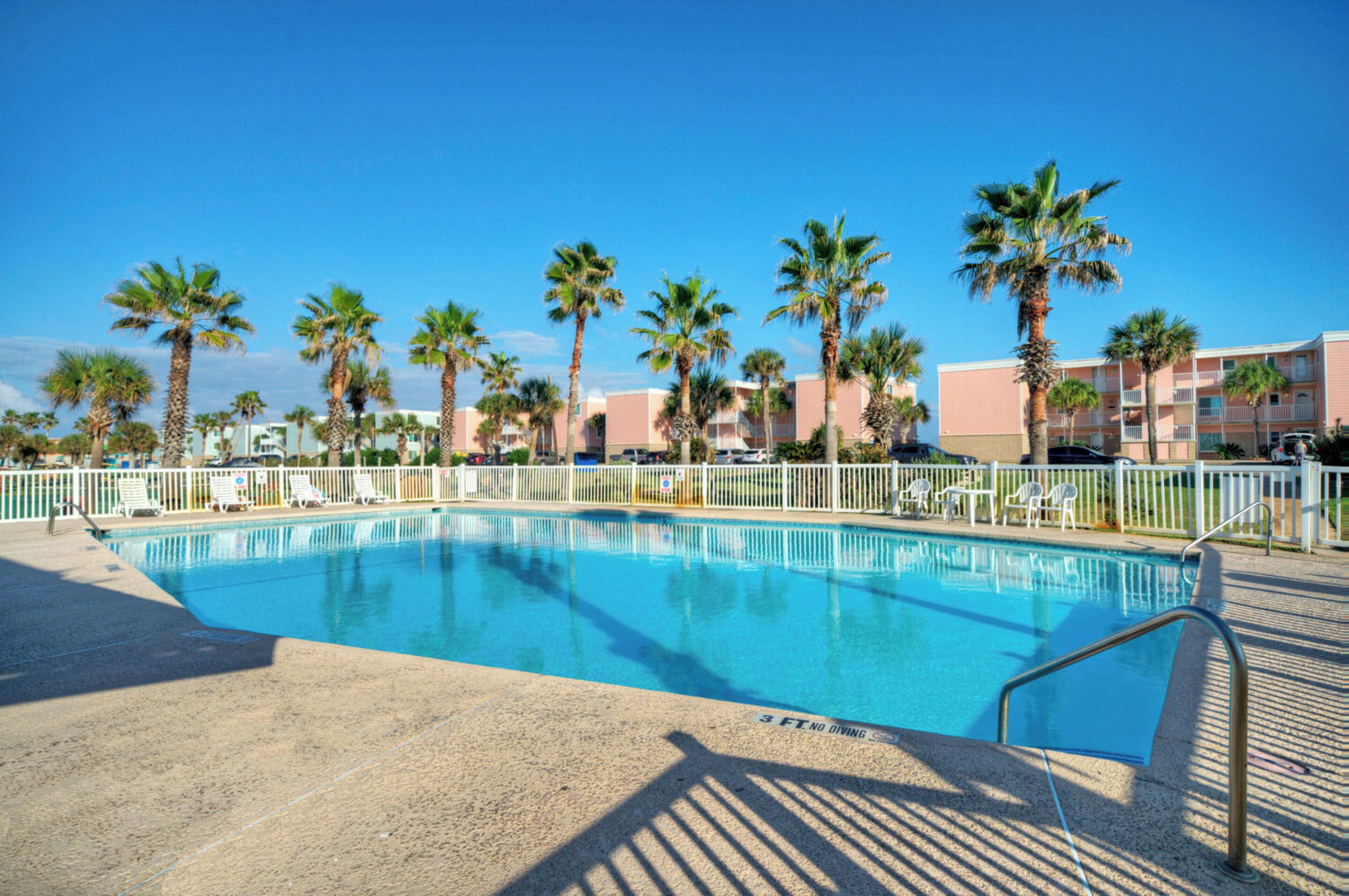 A swimming pool with a white fence, palm trees, and a clear blue sky.