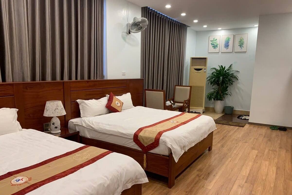 A hotel room with two beds, a desk, a chair, a potted plant, and a wall-mounted fan.