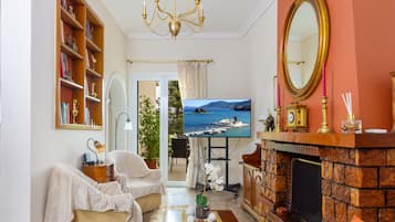 Smart TV, fireplace, books