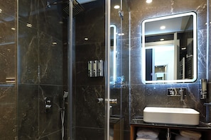 Hair dryer, towels, soap, shampoo