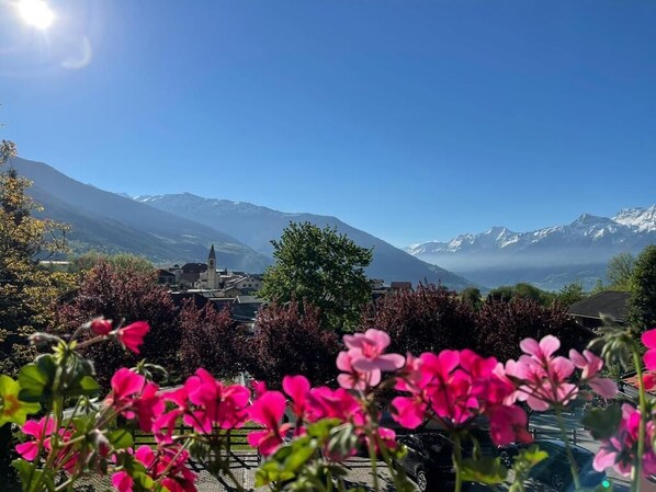 A mountain landscape with a clear sky, a church, and blooming flowers in the foreground. - Garni Marianne (Malles Venosta)