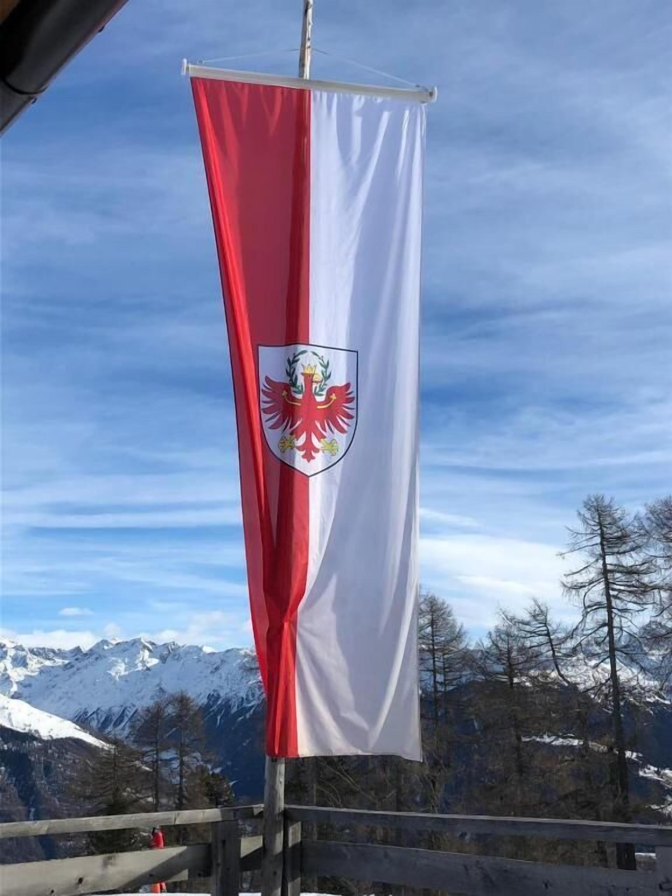 A flag with a red and white design, featuring a coat of arms, set against a mountainous backdrop.