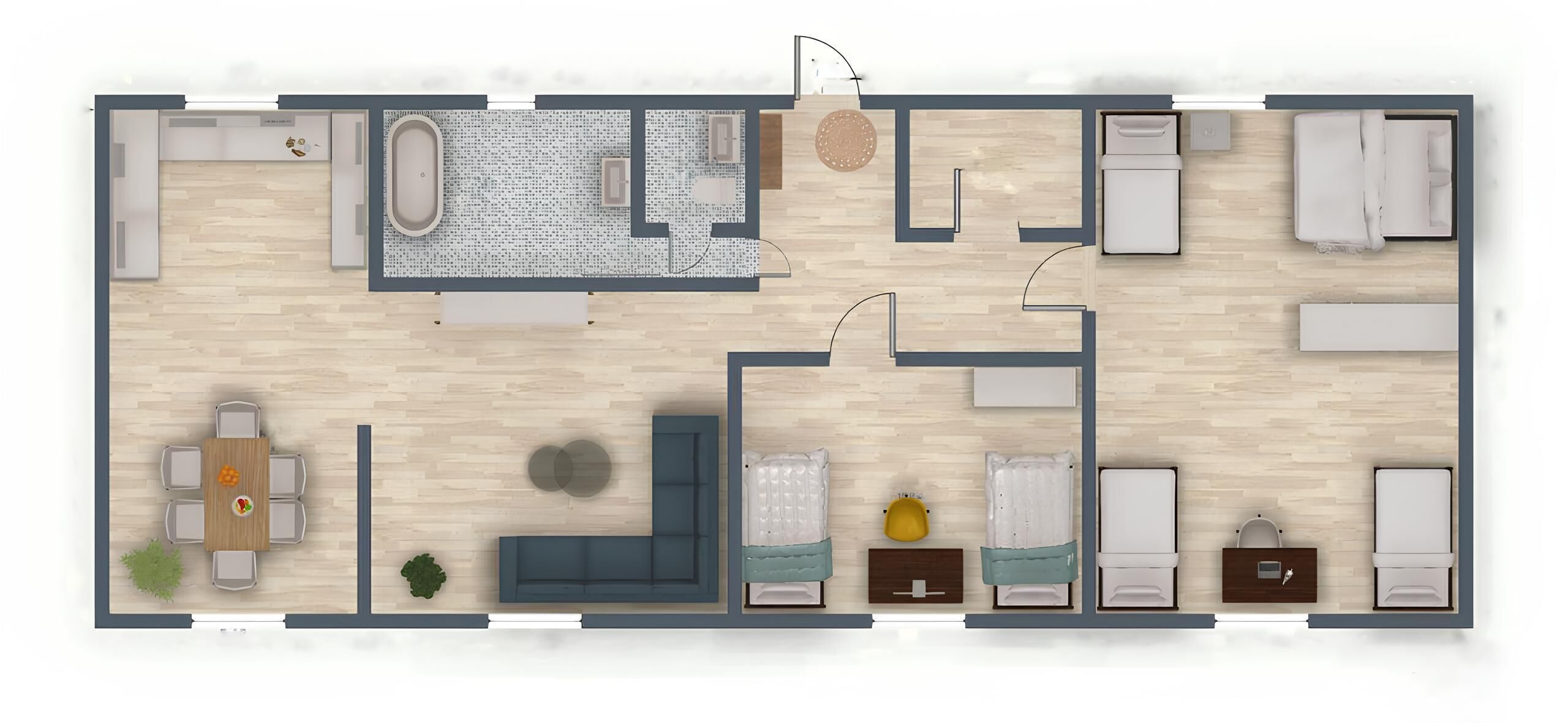 A hotel room layout with a living area, two bedrooms, a bathroom, and a kitchen.