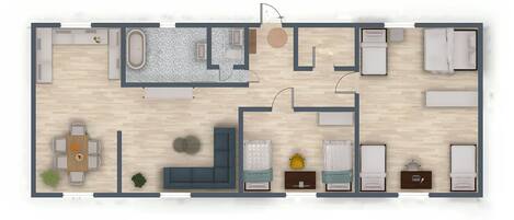 A hotel room layout with a living area, two bedrooms, a bathroom, and a kitchen.